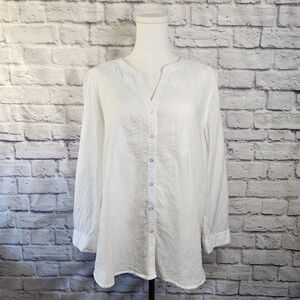 JM Collection Blouse Embroidered Tunic White Button Up Shirt Top Sz Medium